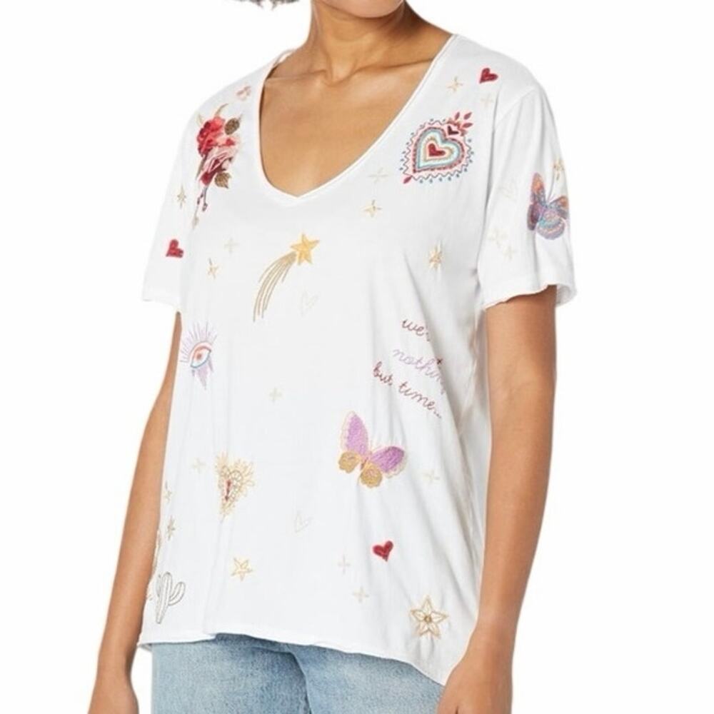 Johnny Was White Short Sleeve V-Neck Tee with Multicolored Embroidered Motifs